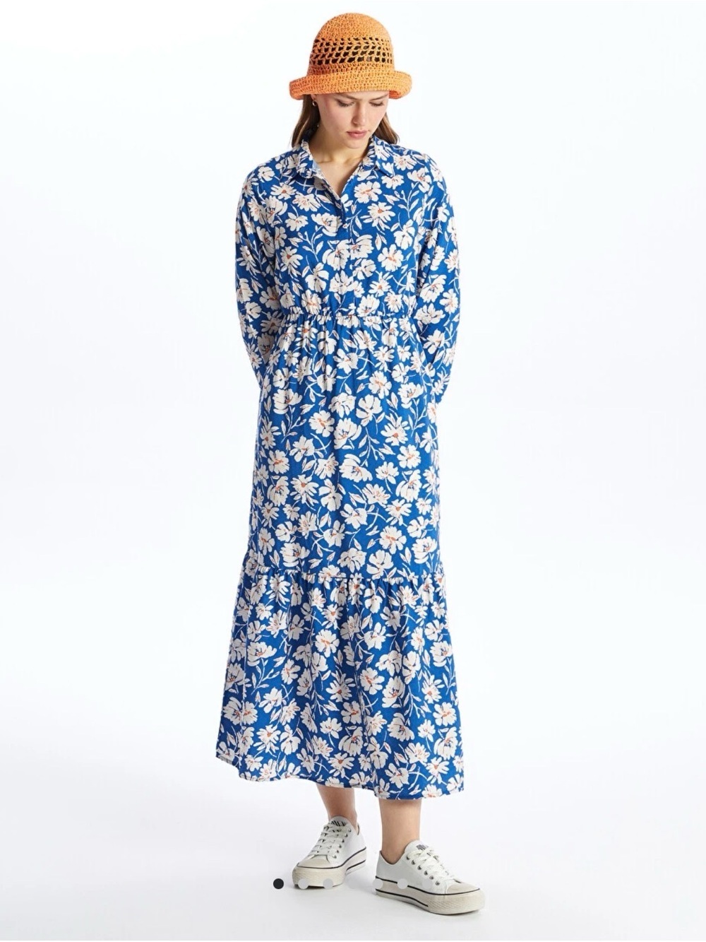 Blue Floral Maxi Shirt Dress with White Daisy Motif